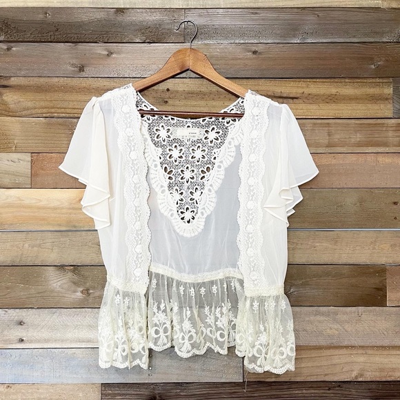 Areve Sweaters - A’reve Cream Lace Short Sleeve Cardigan - SMALL
